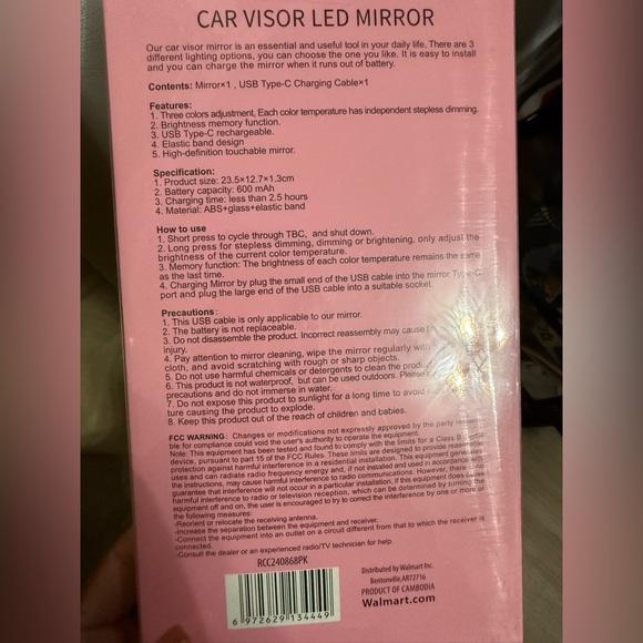 Car Visor LED Mirror with USB Charger - Pink new in package - Picture 2 of 2